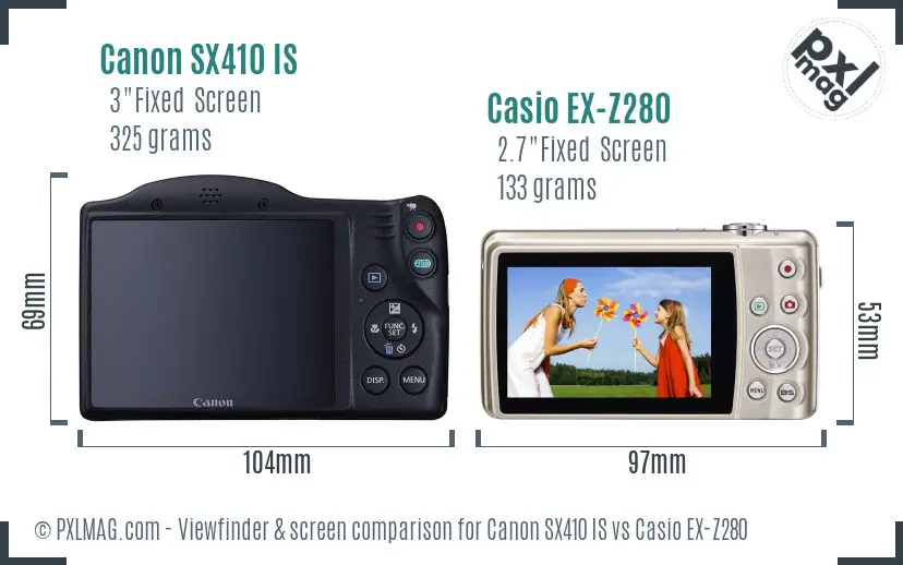 Canon SX410 IS vs Casio EX-Z280 Screen and Viewfinder comparison