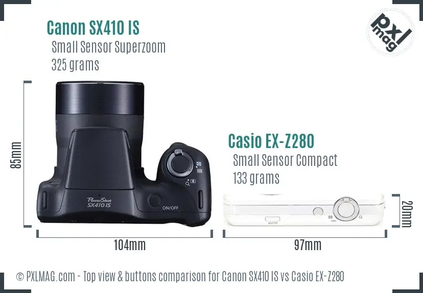 Canon SX410 IS vs Casio EX-Z280 top view buttons comparison