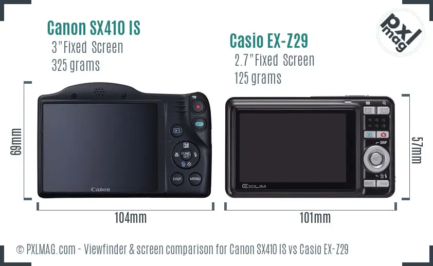 Canon SX410 IS vs Casio EX-Z29 Screen and Viewfinder comparison