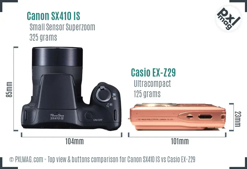 Canon SX410 IS vs Casio EX-Z29 top view buttons comparison