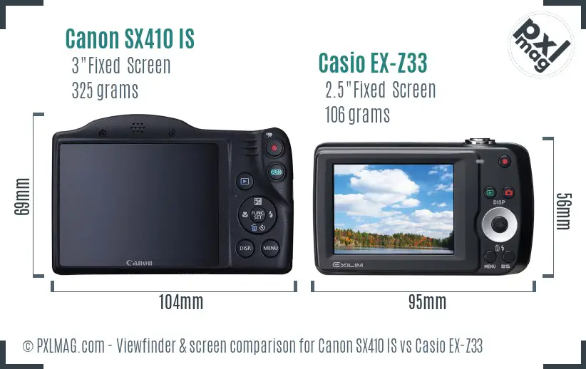 Canon SX410 IS vs Casio EX-Z33 Screen and Viewfinder comparison