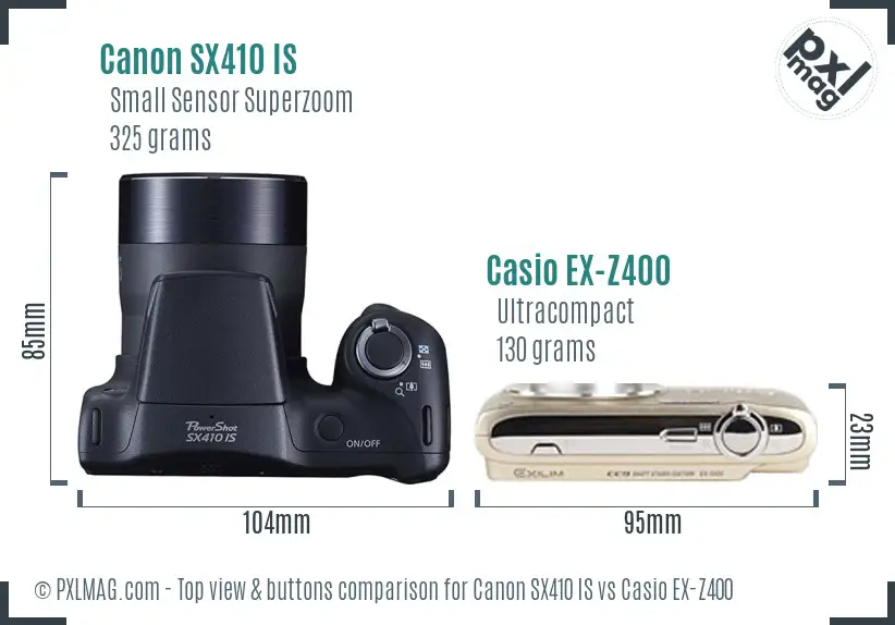 Canon SX410 IS vs Casio EX-Z400 top view buttons comparison