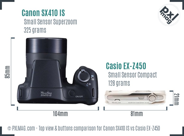 Canon SX410 IS vs Casio EX-Z450 top view buttons comparison