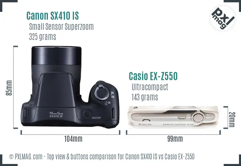 Canon SX410 IS vs Casio EX-Z550 top view buttons comparison