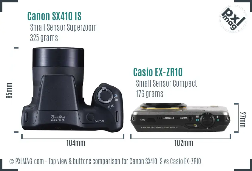 Canon SX410 IS vs Casio EX-ZR10 top view buttons comparison