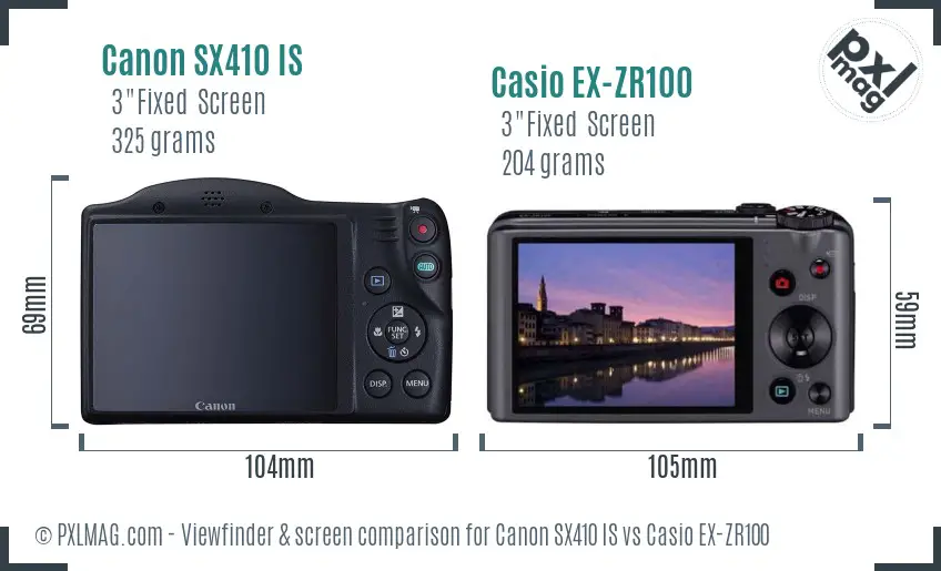 Canon SX410 IS vs Casio EX-ZR100 Screen and Viewfinder comparison