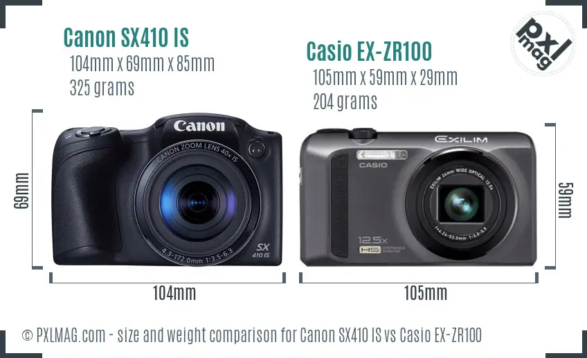 Canon SX410 IS vs Casio EX-ZR100 size comparison