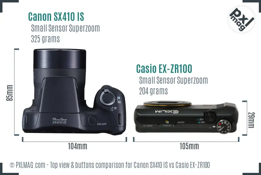 Canon SX410 IS vs Casio EX-ZR100 top view buttons comparison