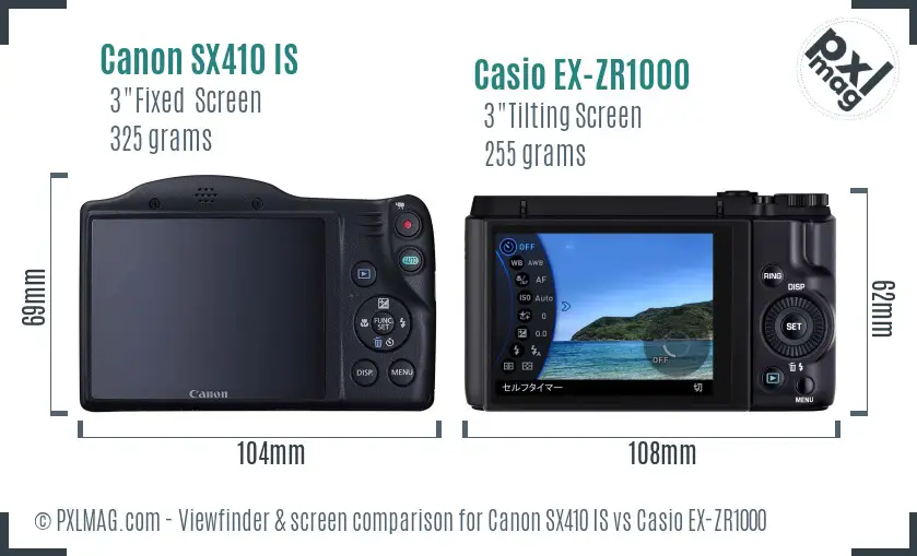 Canon SX410 IS vs Casio EX-ZR1000 Screen and Viewfinder comparison