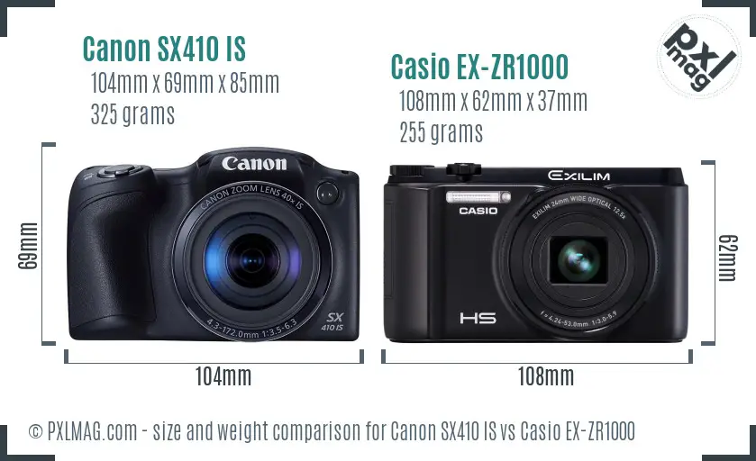 Canon SX410 IS vs Casio EX-ZR1000 size comparison