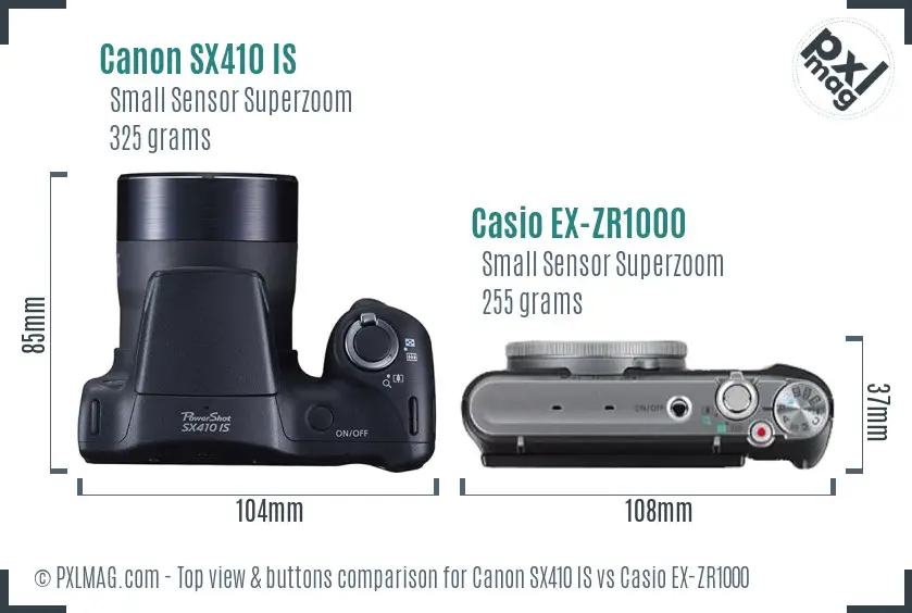 Canon SX410 IS vs Casio EX-ZR1000 top view buttons comparison