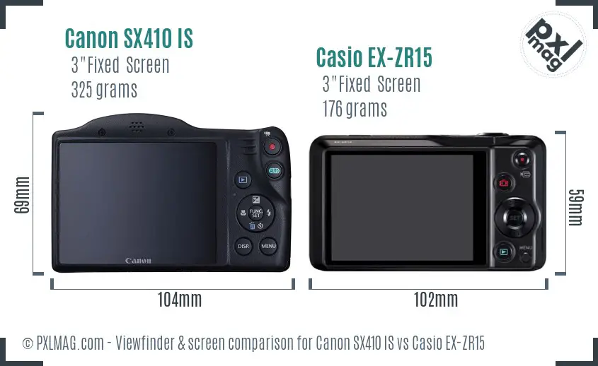 Canon SX410 IS vs Casio EX-ZR15 Screen and Viewfinder comparison