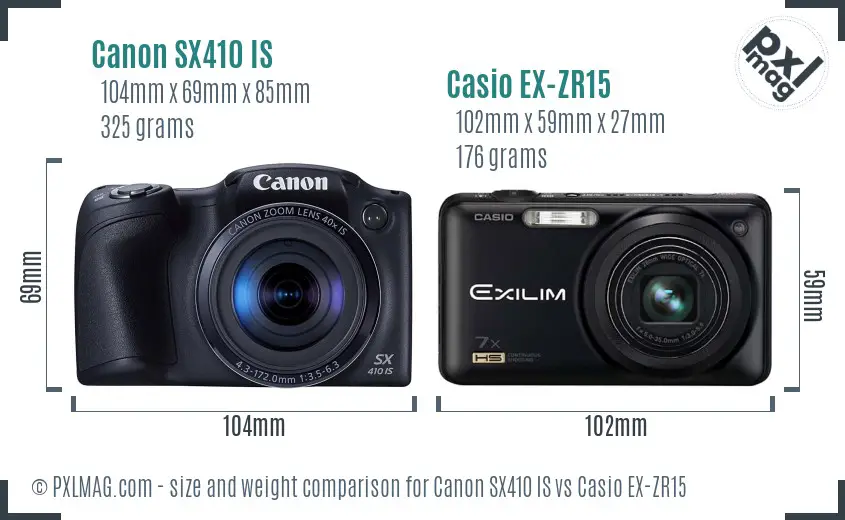 Canon SX410 IS vs Casio EX-ZR15 size comparison