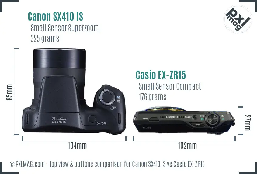 Canon SX410 IS vs Casio EX-ZR15 top view buttons comparison