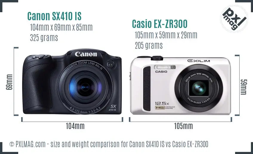 Canon SX410 IS vs Casio EX-ZR300 size comparison