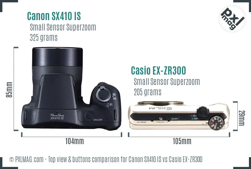 Canon SX410 IS vs Casio EX-ZR300 top view buttons comparison
