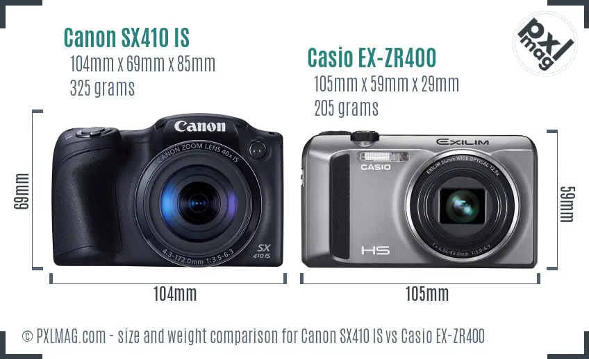 Canon SX410 IS vs Casio EX-ZR400 size comparison