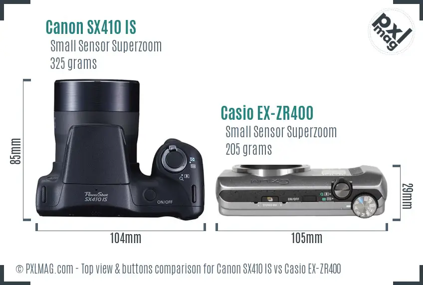 Canon SX410 IS vs Casio EX-ZR400 top view buttons comparison