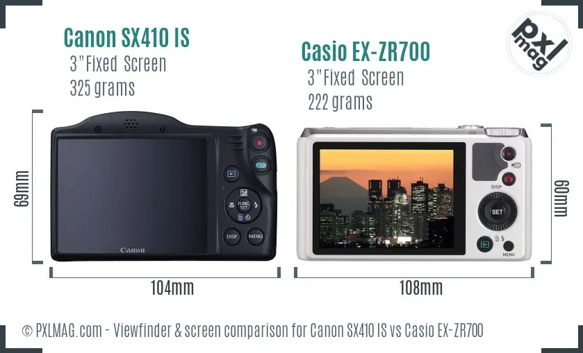 Canon SX410 IS vs Casio EX-ZR700 Screen and Viewfinder comparison