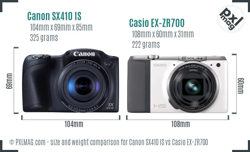 Canon SX410 IS vs Casio EX-ZR700 size comparison