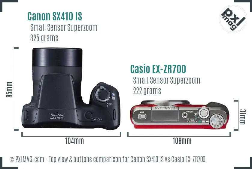 Canon SX410 IS vs Casio EX-ZR700 top view buttons comparison