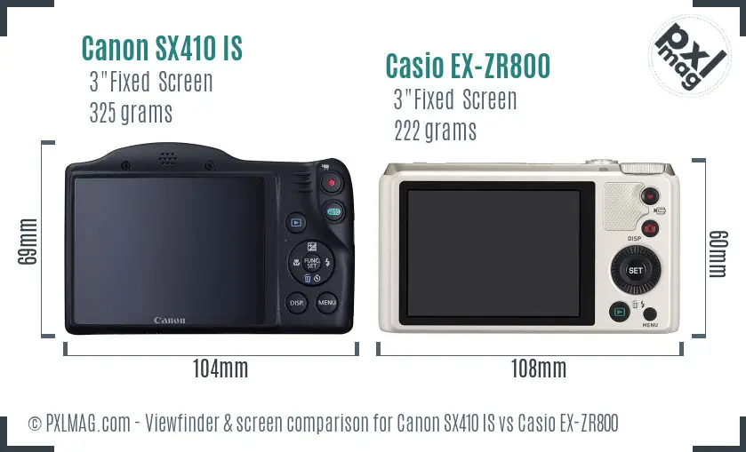 Canon SX410 IS vs Casio EX-ZR800 Screen and Viewfinder comparison