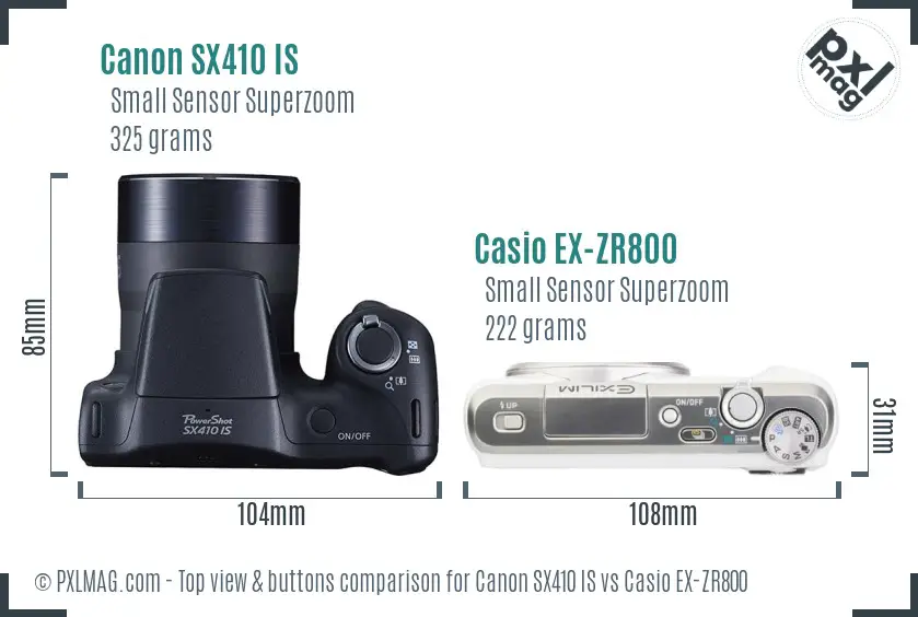 Canon SX410 IS vs Casio EX-ZR800 top view buttons comparison