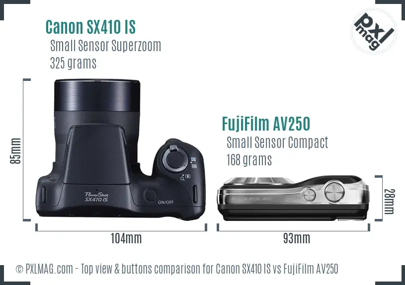 Canon SX410 IS vs FujiFilm AV250 top view buttons comparison Canon SX410 IS vs FujiFilm AV250 top view buttons comparison