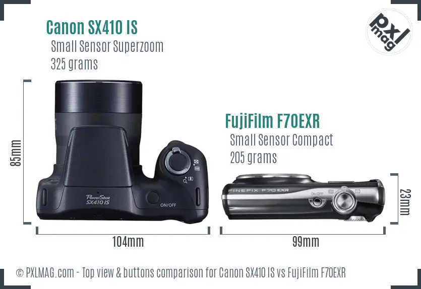 Canon SX410 IS vs FujiFilm F70EXR top view buttons comparison