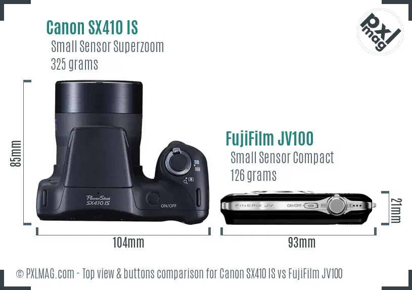 Canon SX410 IS vs FujiFilm JV100 top view buttons comparison