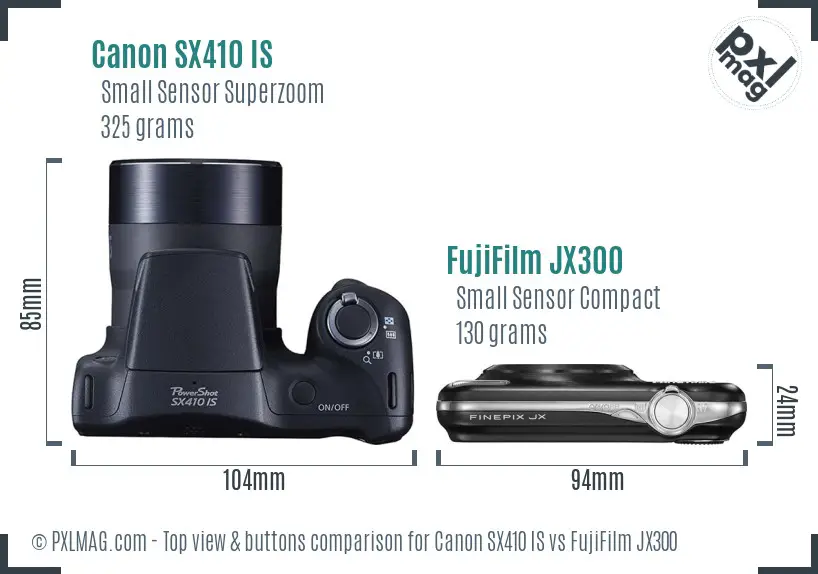 Canon SX410 IS vs FujiFilm JX300 top view buttons comparison