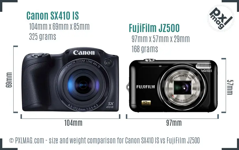 Canon SX410 IS vs FujiFilm JZ500 size comparison Canon SX410 IS vs FujiFilm JZ500 size comparison