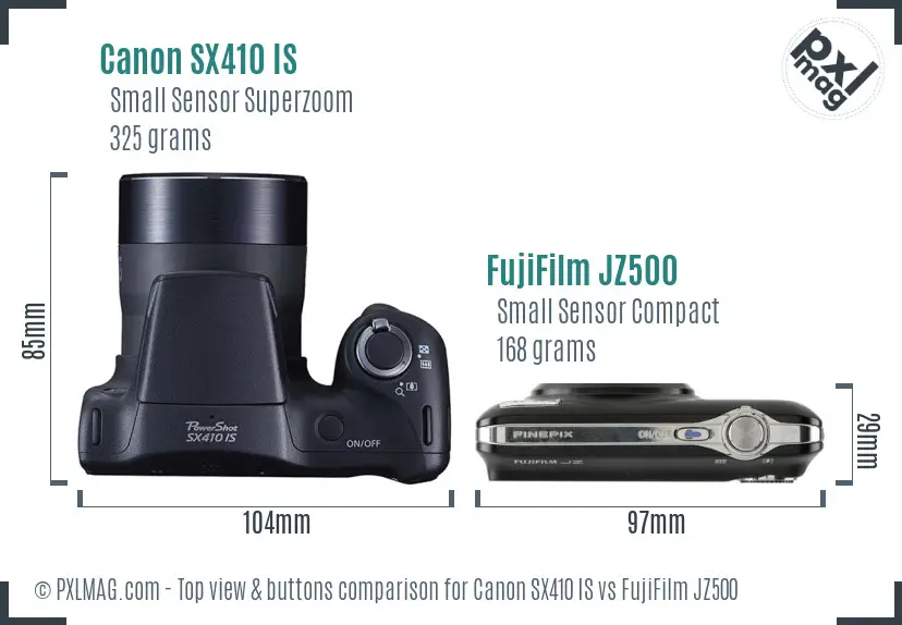 Canon SX410 IS vs FujiFilm JZ500 top view buttons comparison Canon SX410 IS vs FujiFilm JZ500 top view buttons comparison