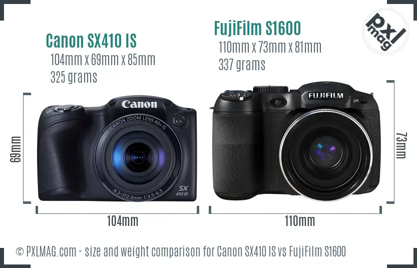 Canon SX410 IS vs FujiFilm S1600 size comparison