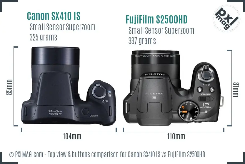 Canon SX410 IS vs FujiFilm S2500HD top view buttons comparison