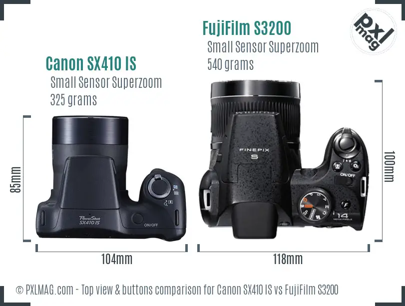 Canon SX410 IS vs FujiFilm S3200 top view buttons comparison