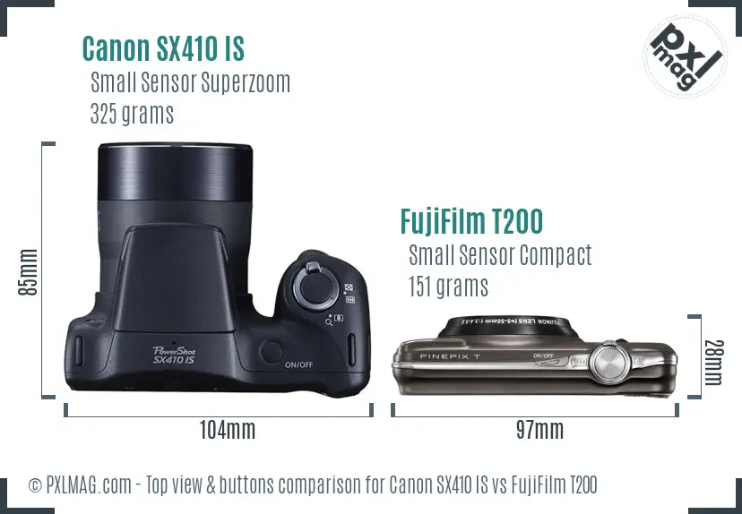 Canon SX410 IS vs FujiFilm T200 top view buttons comparison