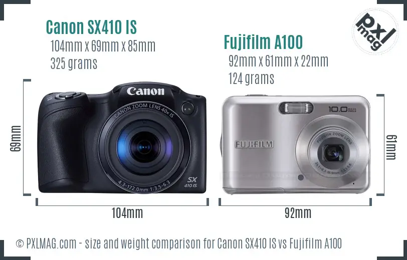 Canon SX410 IS vs Fujifilm A100 size comparison