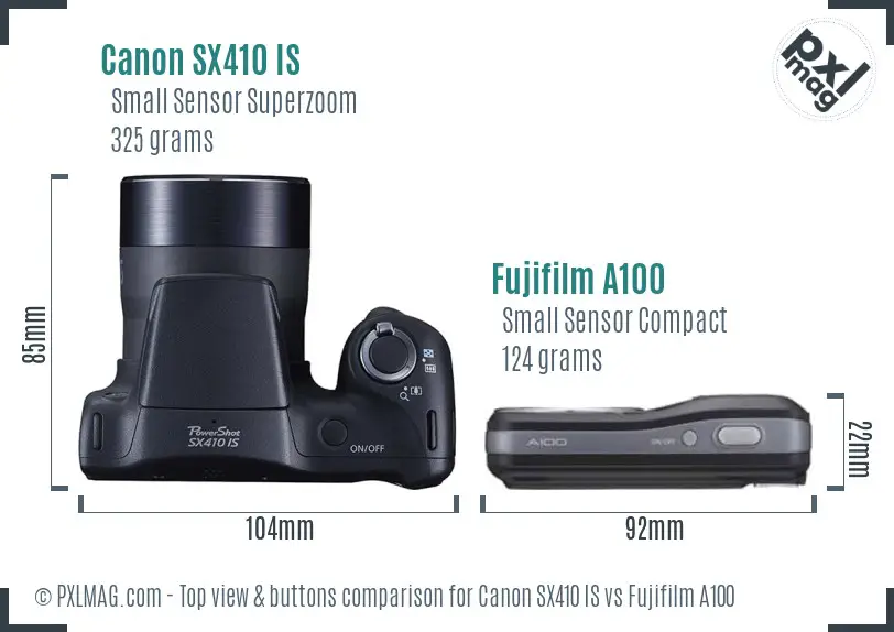 Canon SX410 IS vs Fujifilm A100 top view buttons comparison