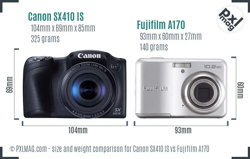 Canon SX410 IS vs Fujifilm A170 size comparison