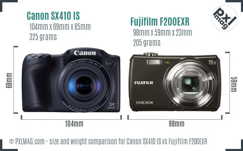 Canon SX410 IS vs Fujifilm F200EXR size comparison