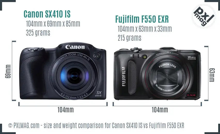 Canon SX410 IS vs Fujifilm F550 EXR size comparison
