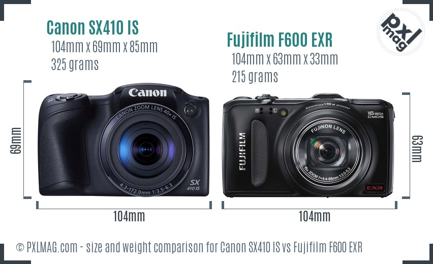 Canon SX410 IS vs Fujifilm F600 EXR size comparison