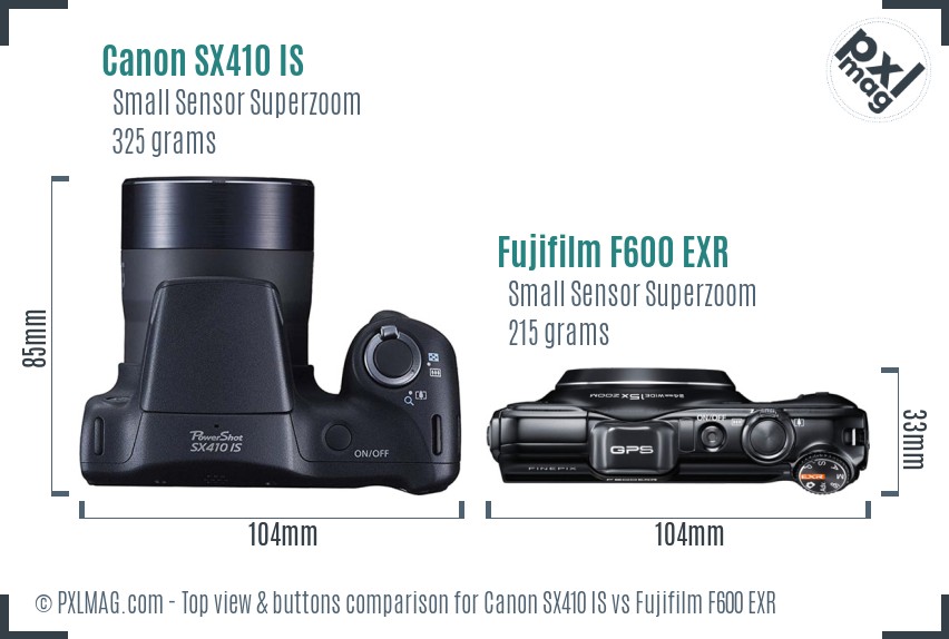 Canon SX410 IS vs Fujifilm F600 EXR top view buttons comparison