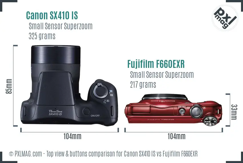 Canon SX410 IS vs Fujifilm F660EXR top view buttons comparison Canon SX410 IS vs Fujifilm F660EXR top view buttons comparison