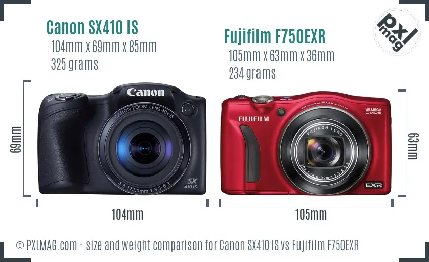 Canon SX410 IS vs Fujifilm F750EXR size comparison