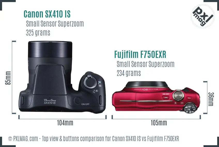 Canon SX410 IS vs Fujifilm F750EXR top view buttons comparison