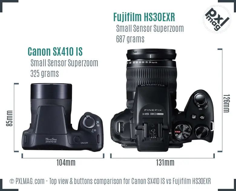 Canon SX410 IS vs Fujifilm HS30EXR top view buttons comparison Canon SX410 IS vs Fujifilm HS30EXR top view buttons comparison