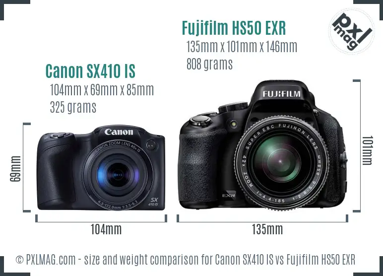 Canon SX410 IS vs Fujifilm HS50 EXR size comparison