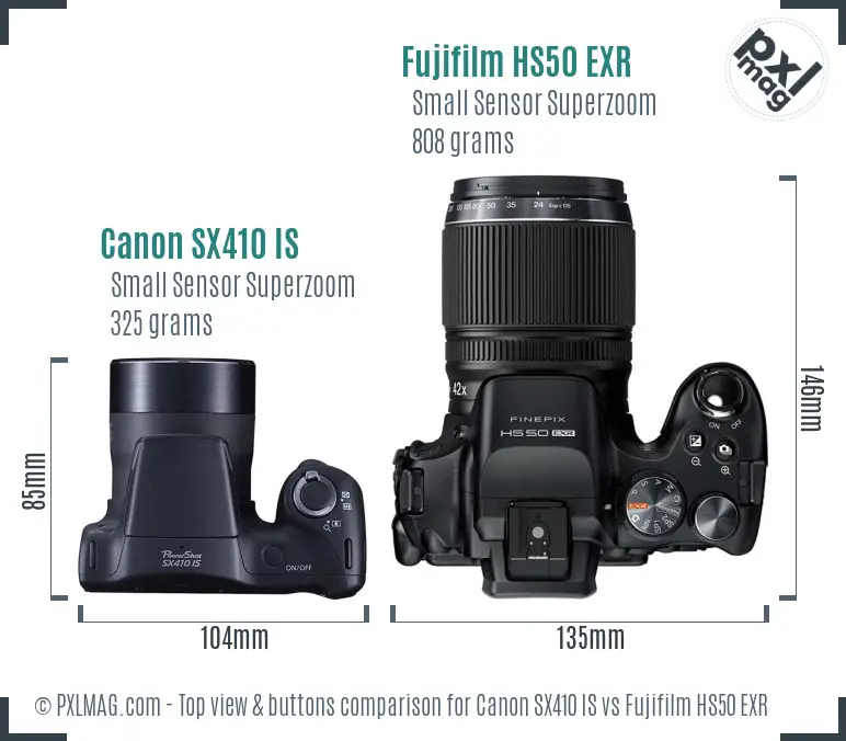 Canon SX410 IS vs Fujifilm HS50 EXR top view buttons comparison